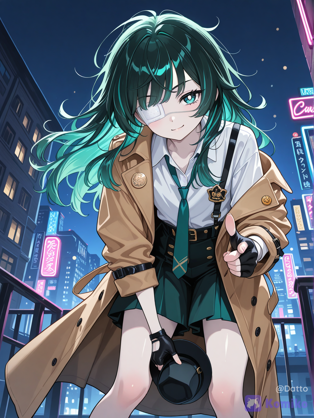 @reika-nMlO,OC, 1girl, young adult, cute and subtly cool appearance, soft pale skin, long hair with soft airy volume, charcoal black dominant 70 percent, emerald green and teal blue each 15 percent interwoven together in small scattered clusters throughout the length, not solid blocks but blended naturally into the hairstyle design, vivid teal blue visible eye with bright lively shine, black matte eyepatch fully covering left eye, sleek medical-inspired design, smooth curved shape fitting closely around eye socket, thin dark strap disappearing beneath hair layers, playful lively expression, light natural smile, loose unbuttoned detective trench coat worn carelessly off one shoulder, wrinkled white shirt half tucked, tie completely undone hanging loose around neck, sleeves rolled up messily, detective badge clipped crooked and upside down on coat lapel, fingerless gloves, one hand playfully tipping a tilted fedora forward like about to toss it, mischievous one eye wink energy conveyed through raised brow and smirking mouth corner, head tilted playfully to one side leaning slightly toward viewer as if closing distance, other hand casually pointing finger-gun toward viewer, dynamic mid motion pose caught between a step and a spin, coat hem flaring slightly from movement, standing on a narrow rooftop ledge at night, city skyline glittering below and behind her, wind gently pushing hair and coat to one side, distant scattered neon signs blurred into soft bokeh, cool night air haze, low angle framing looking slightly up at her against the skyline, warm mischievous energy contrasted against cool blue night tones, sense of someone who just pulled a prank and is daring you to react, semi-realistic anime style, highly clean rendering