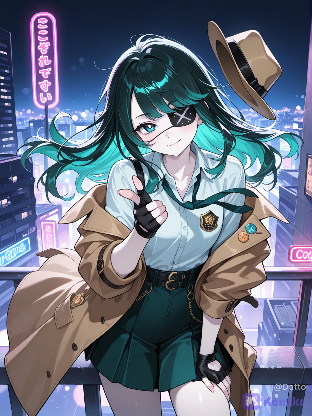 @reika-nMlO,OC, 1girl, young adult, cute and subtly cool appearance, soft pale skin, long hair with soft airy volume, charcoal black dominant 70 percent, emerald green and teal blue each 15 percent interwoven together in small scattered clusters throughout the length, not solid blocks but blended naturally into the hairstyle design, vivid teal blue visible eye with bright lively shine, black matte eyepatch fully covering left eye, sleek medical-inspired design, smooth curved shape fitting closely around eye socket, thin dark strap disappearing beneath hair layers, playful lively expression, light natural smile, loose unbuttoned detective trench coat worn carelessly off one shoulder, wrinkled white shirt half tucked, tie completely undone hanging loose around neck, sleeves rolled up messily, detective badge clipped crooked and upside down on coat lapel, fingerless gloves, one hand playfully tipping a tilted fedora forward like about to toss it, mischievous one eye wink energy conveyed through raised brow and smirking mouth corner, head tilted playfully to one side leaning slightly toward viewer as if closing distance, other hand casually pointing finger-gun toward viewer, dynamic mid motion pose caught between a step and a spin, coat hem flaring slightly from movement, standing on a narrow rooftop ledge at night, city skyline glittering below and behind her, wind gently pushing hair and coat to one side, distant scattered neon signs blurred into soft bokeh, cool night air haze, low angle framing looking slightly up at her against the skyline, warm mischievous energy contrasted against cool blue night tones, sense of someone who just pulled a prank and is daring you to react, semi-realistic anime style, highly clean rendering