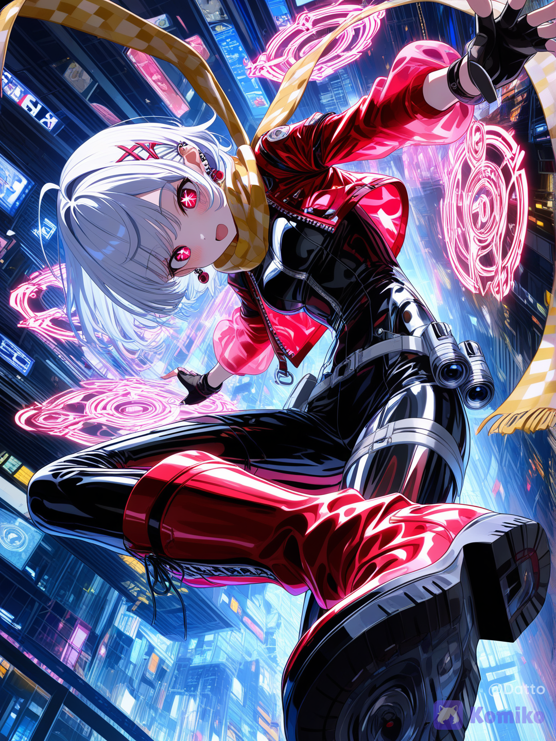 @aura-KdAm, 1girl, young adult, humanoid AI, Opera digital mascot, tall graceful athletic build, fair synthetic skin soft porcelain glow, expressive face, soft absorbed expression, eyes slightly wide with quiet concentration, bright crimson eyes with elegant ring shaped pupils, medium length silky white hair fading into vibrant crimson tips, layered hair flowing naturally, few strands drifting across face unnoticed, small ahoge gently swaying, sleek asymmetrical techwear outfit pearl white crimson red and black, cropped jacket with translucent liquid glass sleeves, fitted bodysuit with clean geometric paneling, lightweight chrome accents, slim utility belt with floating holographic interface tiles, fingerless gloves, modern high top boots with subtle glowing soles, long translucent data scarf drifting softly around her, tiny browser tabs floating around shoulders like curious companions, standing balanced on the very edge of the floating digital platform facing outward, body leaning slightly forward as if about to step off into open air, arms spread loosely to the sides in a free open gesture, head tilted back slightly with eyes closed for a brief moment mid motion, hair and scarf whipping upward and outward caught in a strong current of digital wind, glowing navigation ring left spinning freely behind her in mid air detached from her hand, crimson light ribbons trailing sharply off fingertips and hair tips like motion streaks, camera positioned far below looking steeply upward, her full silhouette framed dramatically against a vast glowing digital city stretching endlessly upward behind her, dynamic diagonal composition, streams of light and data flowing past her like she is standing inside a living current, Opera circular motifs pulsing brighter around her like reacting to her presence, sense of fearless free spirited exhilaration caught in a single suspended second, [vivid-close-up-style]