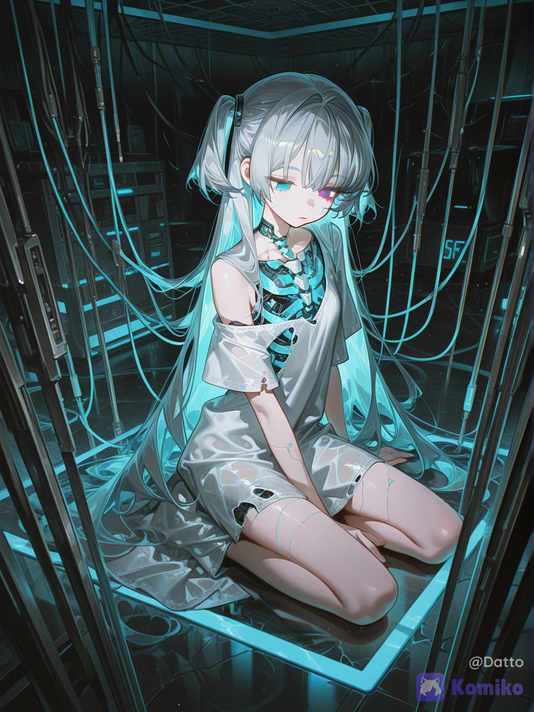 1girl, 18+, young adult, android, humanoid, slim figure, long flowing silver hair with faint glowing blue circuit patterns only visible close up, porcelain fair skin, hairline crack barely visible along one cheekbone not dramatic just present, heterochromia, left eye clear teal, right eye faint dull red with a subtle intermittent flicker, expression completely still, beyond sadness, eyes open and dry, distant unfocused gaze slightly downward, lips slightly parted, one faint dried data tear track on cheek, wearing white futuristic dress, slightly worn, torn only at the hem, one shoulder seam loosely coming undone, kneeling on a cold metal floor with legs folded to one side, small and folded inward making her frame appear even more delicate, several thin dark cables plugged directly into ports at the side of her neck and along her spine visible through the torn shoulder seam, cables running upward into the dark ceiling like she is tethered rather than connected by choice, one arm hanging completely slack at her side with fingers loosely curled, the other hand resting motionless in her lap, head tilted slightly downward and to the side under the weight of the cables, hair falling forward partially veiling one side of her face, high angle view looking down at her from above as if standing over her, her small figure isolated in a vast dark modern server chamber, towering black server towers with thin strips of cold blue light lining their edges fading into darkness above and around her, no other light source besides the thin blue strip lighting and a faint glow from her own cracked cheek, reflective wet-looking floor mirroring the cold light faintly beneath her, deep oppressive shadow surrounding the small lit area she occupies, dust suspended motionless in the air, profound smallness and stillness against the overwhelming scale of the room, sense of something fragile being quietly kept rather than cared for, quiet involuntary vulnerability beneath her cold exterior, muted blue-gray color palette, semi-realistic anime style, highly[high-gloss-illustration-style]