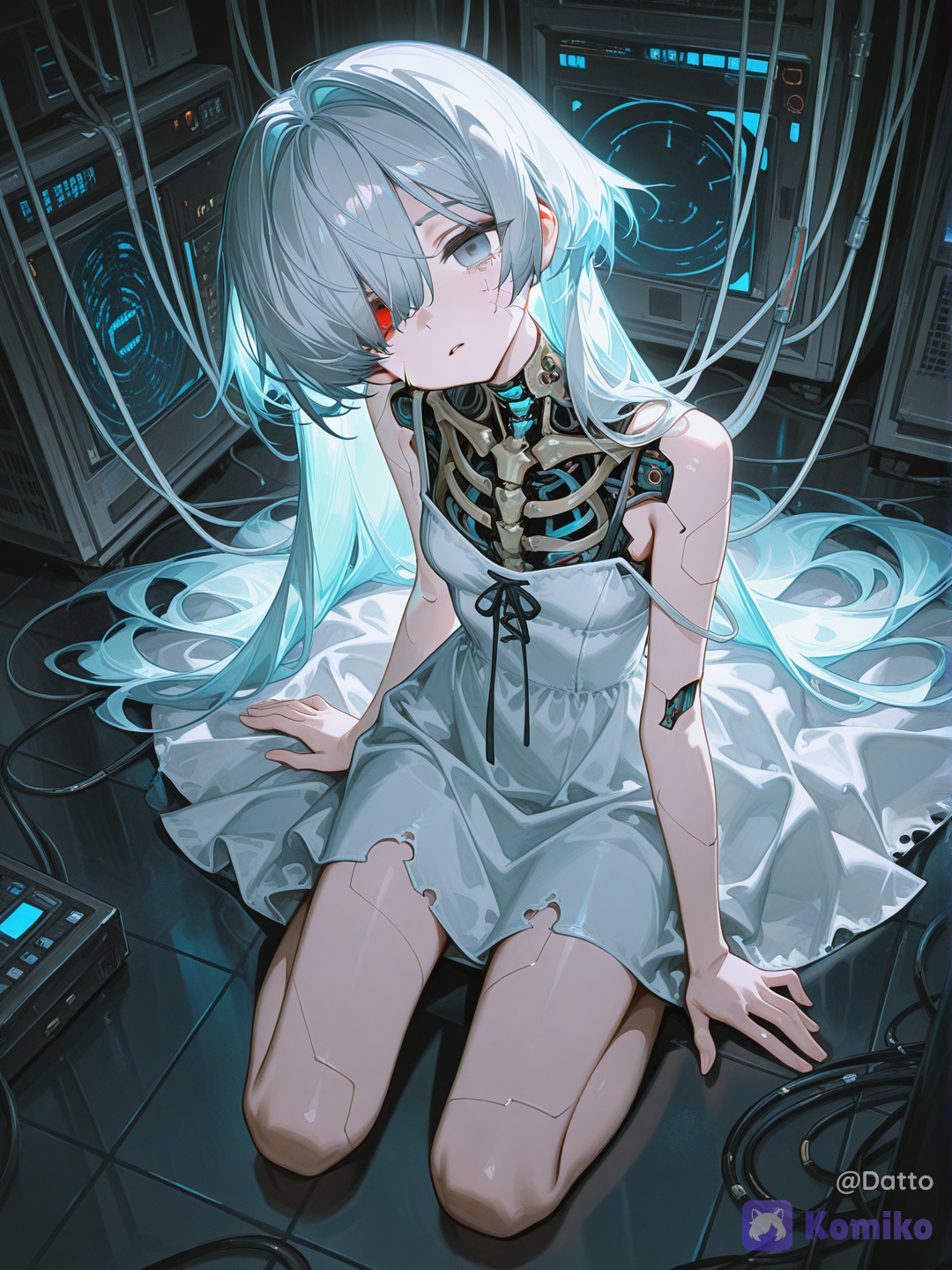 1girl, 18+, young adult, android, humanoid, slim figure, long flowing silver hair with faint glowing blue circuit patterns only visible close up, porcelain fair skin, hairline crack barely visible along one cheekbone not dramatic just present, heterochromia, left eye clear teal, right eye faint dull red with a subtle intermittent flicker, expression completely still, beyond sadness, eyes open and dry, distant unfocused gaze slightly downward, lips slightly parted, one faint dried data tear track on cheek, wearing white futuristic dress, slightly worn, torn only at the hem, one shoulder seam loosely coming undone, kneeling on a cold metal floor with legs folded to one side, small and folded inward, several thin dark cables plugged directly into ports at the side of her neck and along her spine visible through the torn shoulder seam, cables curving up and out of frame rather than disappearing into distant darkness, one arm hanging completely slack at her side with fingers loosely curled, the other hand resting motionless in her lap, head tilted slightly downward and to the side under the weight of the cables, hair falling forward partially veiling one side of her face, medium close composition with her figure filling most of the frame, high angle view looking down at her from just above, only a modest section of dark server equipment visible directly behind her rather than a vast expanse, close server towers with thin strips of cold blue light lining their edges just past her shoulders, faint glow from her own cracked cheek adding a small warm contrast point, soft reflective floor beneath her catching a hint of the blue light, gentle shadow framing her figure without swallowing the whole scene, sense of something fragile being quietly kept rather than cared for, quiet involuntary vulnerability beneath her cold exterior, muted blue-gray color palette, semi-realistic anime style, highly[high-gloss-illustration-style]
