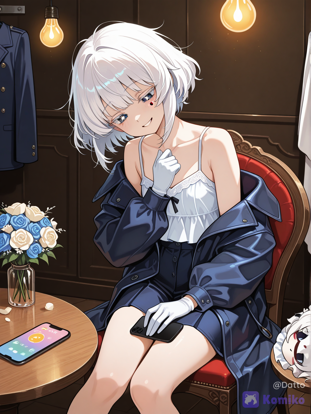 1girl, young adult, platinum white hair, asymmetrical bob cut slightly damp and mussed after performance, bright cyan eyes, star-shaped pupils, beauty mark under left eye, tired half lidded gaze drifting downward unfocused, faint quiet melancholy beneath an otherwise composed expression, small tight lipped almost-smile that does not reach her eyes, elaborate navy and white tailcoat jacket unbuttoned and slipping off one shoulder, worn loosely rather than properly, simple modest sleeveless camisole underneath fully covering her, white gloves already removed and set down nearby, cracked porcelain mask resting face up on a small table, no longer worn, sitting on the edge of a low bench facing forward, one hand resting loosely in her lap, the other lightly touching her own collarbone in quiet exhaustion, shoulders slightly slumped, head tilted down and slightly to the side, modern minimalist dressing room, clean plain walls, soft round bulb lights nearby, a small bouquet of flowers on a side table clearly sent by the venue itself rather than anyone personal, a phone lying face up nearby showing a blank lock screen with no notifications, a folded plain outfit resting on a nearby chair ready to be changed into, quiet empty room implying she is completely alone after the applause has ended, candid natural framing from the front at a slight downward angle as if quietly witnessing this unguarded private moment without her fully noticing, soft even room lighting in contrast to the earlier dramatic stage lighting, muted cool color palette with only the nearby warm bulbs offering gentle light, sense of a job well done met with silence instead of celebration, subtle unspoken longing for someone to have been there, semi-realistic anime style, highly