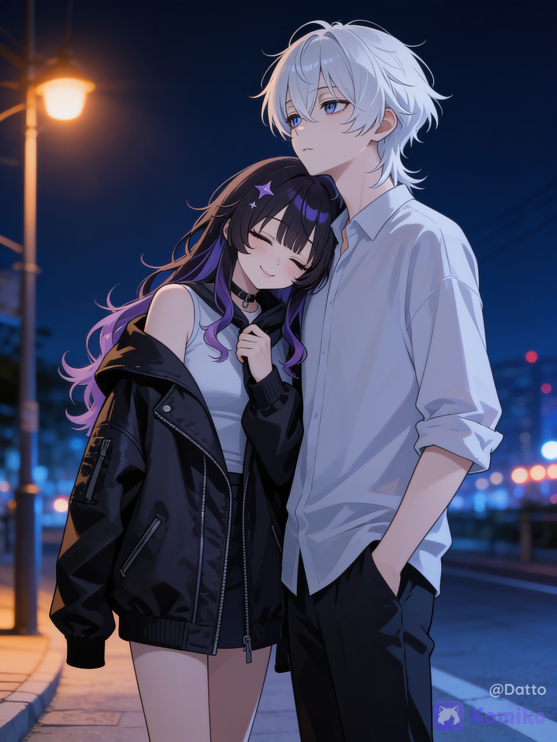 2people, 1girl, 1boy, @datto-author-of-author-aka-me-B0qI, @lunaniobe-kOTd, quiet night street corner, soft warm streetlamp light mixing gently with cool blue night tones, faint blurred city lights in the distance, cinematic medium two-shot at eye level, both figures close together and centered, sense of comfortable practiced closeness rather than a dramatic moment, quiet stillness in the air @lunaniobe-kOTd: girl on the left, long wavy dark purple hair with lighter purple streaks, small skull hair clip, half lidded eyes, small star sticker decals near eye, simple fitted top now with a large dark bomber jacket draped over her shoulders that clearly does not belong to her, sleeves hanging empty rather than worn properly, one hand loosely holding the jacket closed at her collar, head tilted sideways resting lightly against his shoulder, eyes half closed in quiet comfort, small soft unguarded smile, completely relaxed posture leaning into him without hesitation @datto-author-of-author-aka-me-B0qI: man on the right, sharp Asian facial features, strong jawline, pale warm Asian skin, short white hair, clean side part 6/4, dull steel blue eyes, simple plain shirt now without his jacket, sleeves slightly rolled, standing upright and steady to support her weight against his shoulder, gaze facing forward rather than looking at her, expression outwardly unreadable and calm, one hand resting naturally in his pocket, the other arm slightly bent at his side as if he had just finished the small gesture of taking off his jacket, no visible reaction or acknowledgment of what he just did, quiet ease in his stillness that suggests this is simply routine between them
