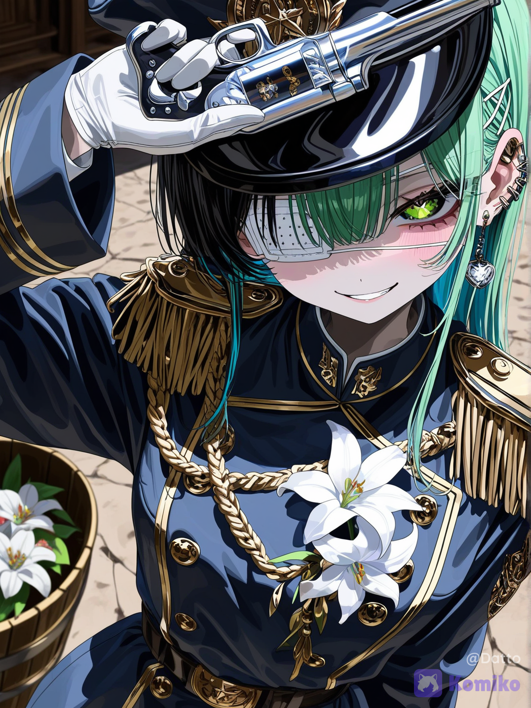 @reika-nMlO,OC, 1girl, young adult, 18+, cute and subtly cool appearance, soft pale skin, long hair with soft airy volume, charcoal black dominant 70 percent, emerald green and teal blue each 15 percent interwoven together in small scattered clusters throughout the length, vivid teal blue visible eye with sharp intense shine, black matte eyepatch fully covering left eye, sleek medical-inspired design, thin dark strap disappearing beneath hair layers, long tailored dark charcoal officer greatcoat with structured shoulders, plain unadorned epaulettes, no national emblems or insignia, wide belt cinched sharply at the waist, polished dark buttons visible near the collar, white gloves, peaked officer cap tilted slightly low shadowing part of her face, expression sharp and commanding, jaw set with quiet authority, faintest trace of her usual playful smirk refusing to fully disappear at the corner of her mouth, eyes narrowed with intense focus locked directly on the viewer at the exact same eye level, upper body medium shot with her figure filling most of the frame, one hand holding a sleek custom pistol raised and pressed lightly against her own temple in clear focus, muzzle angled inward toward herself, a single pristine white lily blooming directly from the barrel of the gun rendered in sharp detail, other arm held rigidly at her side just visible at the frame edge, eye level straight-on cinematic horizontal framing, a hint of a wide grand hall with tall arched windows softly blurred behind her, dramatic directional light cutting sharply across her face from one side leaving the other in deep shadow, cool muted color palette with the white lily as the single striking point of purity against her stern expression, sense of quiet unwavering warning delivered entirely through her eyes and the gesture of the gun, semi-realistic anime style, highly[vivid-close-up-style]