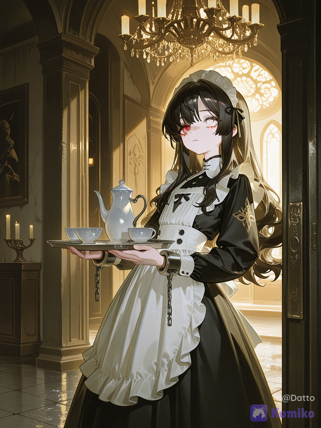 @karasu-oc-character-mAFY, 1girl, 18+, young adult, slim delicate but healthy proportioned figure, flat chest, pale ashen skin lacking natural warmth, long dark hair slightly wavy uneven layers, parted to show both eyes, right eye pale yellowish white faint thin iris pattern looking tired, left eye deep black sclera with vivid blood red iris, jagged crack-like markings radiating from pupil like carved curse lines, faint dark glow emanating subtly from left eye, dark veined markings beneath skin around left eye and temple,close to face, simple dark gray maid dress with a plain white apron, high collar buttoned to the throat, long sleeves cuffed neatly at the wrist, small white headpiece pinned into her dark hair, standing perfectly straight and still in a formal serving posture within a tall stone archway doorway, both hands holding a silver tea tray steady in front of her, one hand trembling almost imperceptibly, completely flat neutral expression, eyes looking slightly downward and unfocused, an eerie porcelain-like perfection to her stillness, framed centrally within the archway like a painting set into the wall, low angle medium shot looking slightly upward emphasizing her isolated stillness within the frame, grand medieval receiving hall beyond her rendered in soft warm candlelight, tall arched windows, ornate tapestries and polished stone floor reflecting faint golden light, a large chandelier glowing warmly in the distance, her figure kept in slightly cooler dimmer light than the warm room around her, a subtle visual separation suggesting she does not quite belong to the warmth surrounding her despite standing within it, sense of something beautiful and unsettling held perfectly still at the threshold of two worlds, the faint trembling hand the only crack revealing a fragile person hiding beneath the porcelain surface, semi-realistic anime style, highly[high-gloss-illustration-style]