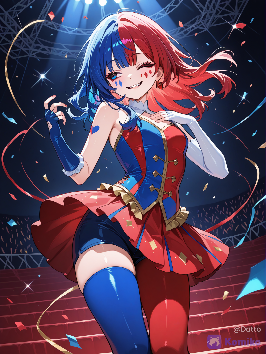 1girl, 18+, young adult, clown girl, striking beautiful sharp features, mismatched eyes one deep crimson red one vivid cobalt blue, precise diamond-shaped face paint in matching red under one eye and blue under the other, both painted with flawless deliberate precision despite looking playfully uneven, a small painted heart in the opposite color just below her lip, sleek two-tone hair split evenly red on one side deep blue on the other, caught mid-motion flaring outward from a spin, only one loose strand escaping by design, eyes closed or gaze cast off to the side lost in her own moment, faint private smile as if delighting in something only she finds funny, tailored red and blue harlequin corset top with sharp diagonal color-block seams, structured ruffled skirt flaring outward from the spin, thigh-high stockings mismatched in the same two colors, fingerless gloves matching each side's color scheme, one arm thrown outward with theatrical flourish, the other hand resting against her own chest as if savoring her own performance, back slightly arched, weight caught mid-turn with controlled elegant balance despite the appearance of a careless twirl, angle from a low side view catching the motion of her spin and the flare of her skirt, dim circus tent interior with alternating red and blue stage lighting sweeping across her in sharp theatrical contrast, motion blur trailing softly from the spin, scattered confetti caught mid-air in matching red and blue tones, soft haze drifting through the light beams, sense of total deliberate control disguised as spontaneity, sense of a performance meant entirely for her own private enjoyment with no one else in mind, semi-realistic anime style, highly