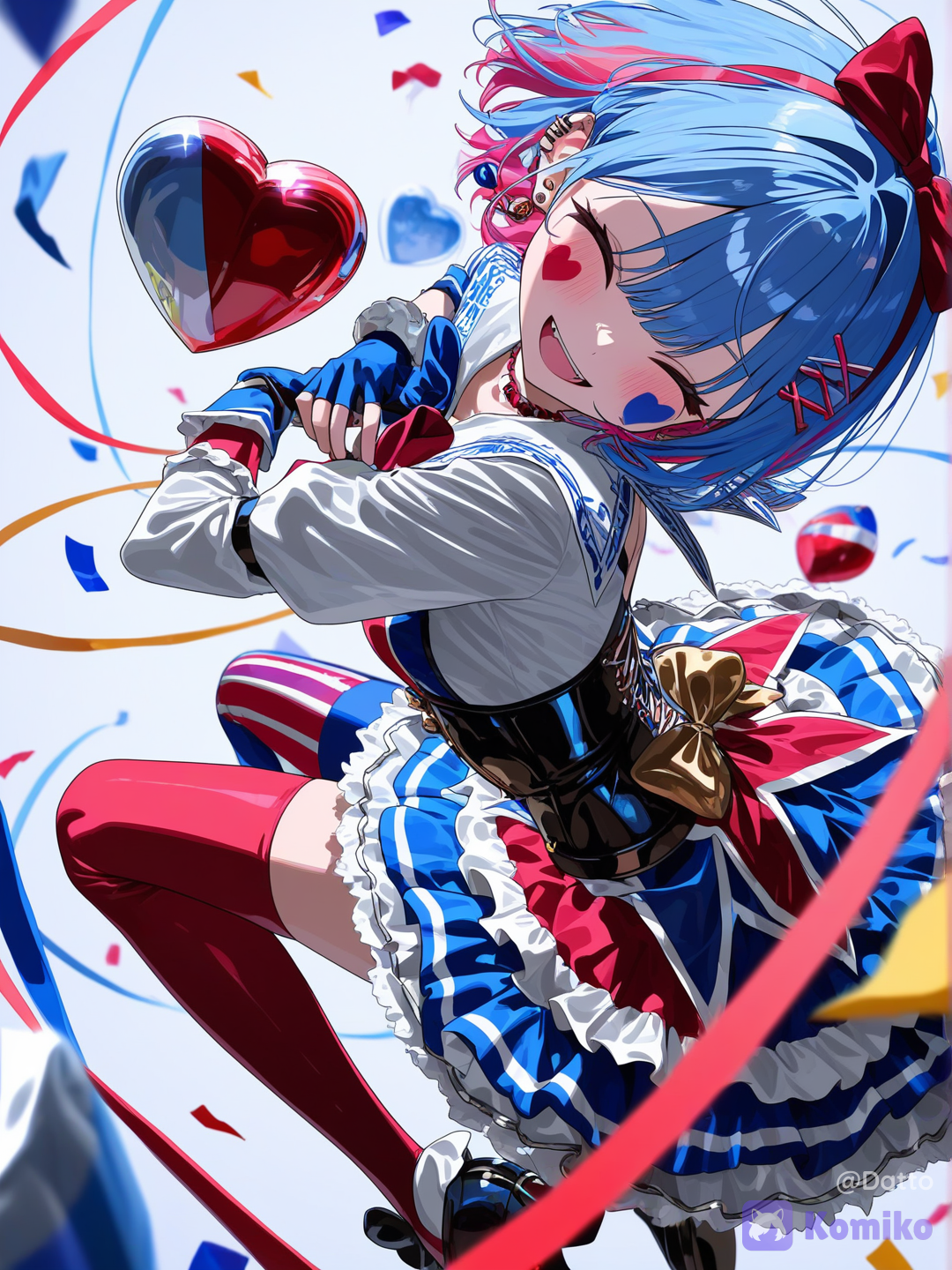 1girl, 18+, young adult, clown girl, striking beautiful sharp features, mismatched eyes one deep crimson red one vivid cobalt blue, precise diamond-shaped face paint in matching red under one eye and blue under the other, both painted with flawless deliberate precision despite looking playfully uneven, a small painted heart in the opposite color just below her lip, sleek two-tone hair split evenly red on one side deep blue on the other, caught mid-motion flaring outward from a spin, only one loose strand escaping by design, eyes closed or gaze cast off to the side lost in her own moment, faint private smile as if delighting in something only she finds funny, tailored red and blue harlequin corset top with sharp diagonal color-block seams, structured ruffled skirt flaring outward from the spin, thigh-high stockings mismatched in the same two colors, fingerless gloves matching each side's color scheme, one arm thrown outward with theatrical flourish, the other hand resting against her own chest as if savoring her own performance, back slightly arched, weight caught mid-turn with controlled elegant balance despite the appearance of a careless twirl, angle from a low side view catching the motion of her spin and the flare of her skirt, dim circus tent interior with alternating red and blue stage lighting sweeping across her in sharp theatrical contrast, motion blur trailing softly from the spin, scattered confetti caught mid-air in matching red and blue tones, soft haze drifting through the light beams, sense of total deliberate control disguised as spontaneity, sense of a performance meant entirely for her own private enjoyment with no one else in mind, semi-realistic anime style, highly[vivid-close-up-style]