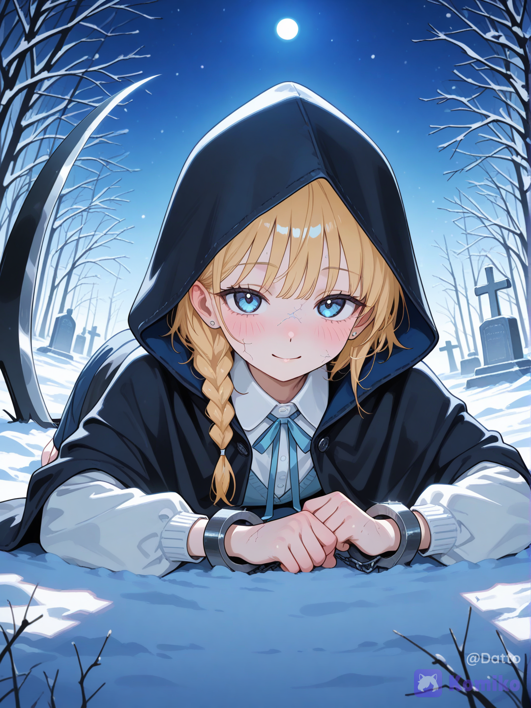 @hinata-doryu-0TPg,1girl, 18+, young adult, slim natural figure, soft round face, gentle features, warm fair skin, short honey blonde hair, neat and soft, small thin side braid near right ear tied with tiny pale blue ribbon, bright sky blue eyes, small silver stud earring, fitted black hooded cloak worn open over a simple white shirt and pastel blue cardigan, hood casting a soft shadow over the upper half of her face while her eyes and smile remain clearly lit, subtle dark blue satin lining catching faint light along the inner edge of the hood, sleeves cuffed neatly, faint circuit line at her wrist left uncovered, worm's eye view from ground level as though the viewer is lying among the graves looking straight up at her, she stands tall directly above the viewer, elegant slim scythe held loosely at her side with its blade resting lightly against the ground, dozens of tiny pale blue soul-lights drifting slowly downward around her like falling snow, warm affectionate smile that reaches her eyes as she looks straight down at the viewer, a quiet unwavering devotion in her expression as if she has waited a long time for exactly this moment, faint pink blush across her cheeks, an eerie stillness beneath her warmth as though she already considers this soul entirely her own, her towering presence looming gently rather than threateningly, cold moonlight rimming her silhouette from behind while the soul-lights cast a soft warm glow up onto her face, dark blurred grave markers surrounding the edges of the frame, sense of quiet cinematic inevitability, sense of tenderness and possession existing in the same breath, semi-realistic anime style, highly