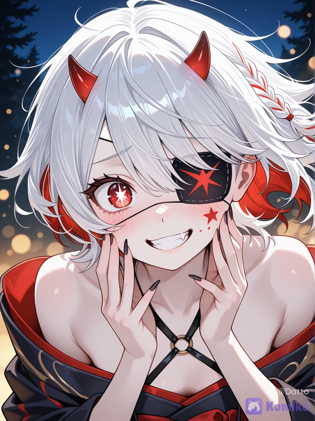@mirei-YBrw,OC, 1girl, 18+, young adult, cute and subtly cool appearance, soft pale skin, short silver-white hair dominant 70 percent, deep wine red hair underneath 30 percent, wine red visible only at inner underlayers and lower strand tips, white silver on top and outer layers, asymmetrical short wolf-cut bob, fluffy volume at crown, feathered messy ends, long side bangs sweeping across face, thin stray strands breaking silhouette naturally, small thin braid on one side partially hidden under outer white hair layer, two small blunt oni horn nubs poking through her messy crown hair, visible eye is muted reddish amber, black matte eyepatch fully covering left eye, sleek medical-inspired design, smooth curved shape fitting closely around eye socket, thin dark strap disappearing beneath hair layers, dark navy kimono with a deep wine red inner lining just visible at the collar, loosely tied obi in matching wine red, both hands raised near her own cheeks in genuine startled delight, fingers loosely curled rather than posed, one hand slightly closer to her jaw as if caught mid-reaction, sharp elongated nails visible but relaxed rather than claw-shaped, body leaning slightly forward with shoulders drawn in as though something wonderful just caught her completely off guard, visible eye snapping wide open with a bright star-shaped glint filling her amber-red iris, matching glowing star mark faintly visible on the surface of her black eyepatch, eyebrows raised high, bright open-mouthed grin with a small sharp fang clearly visible, faint flustered blush spreading across her cheeks, wind-blown hair lifting and scattering loosely around her face as though caught mid-gust, a few strands crossing her forehead, close portrait framing tightly on her face and raised hands, slight upward tilt to the angle emphasizing the burst of her reaction, sense of pure unfiltered delighted surprise rather than performance, dark quiet night forest behind her rendered in soft blur, faint moonlight filtering through unseen branches, semi-realistic anime style, highly clean rendering