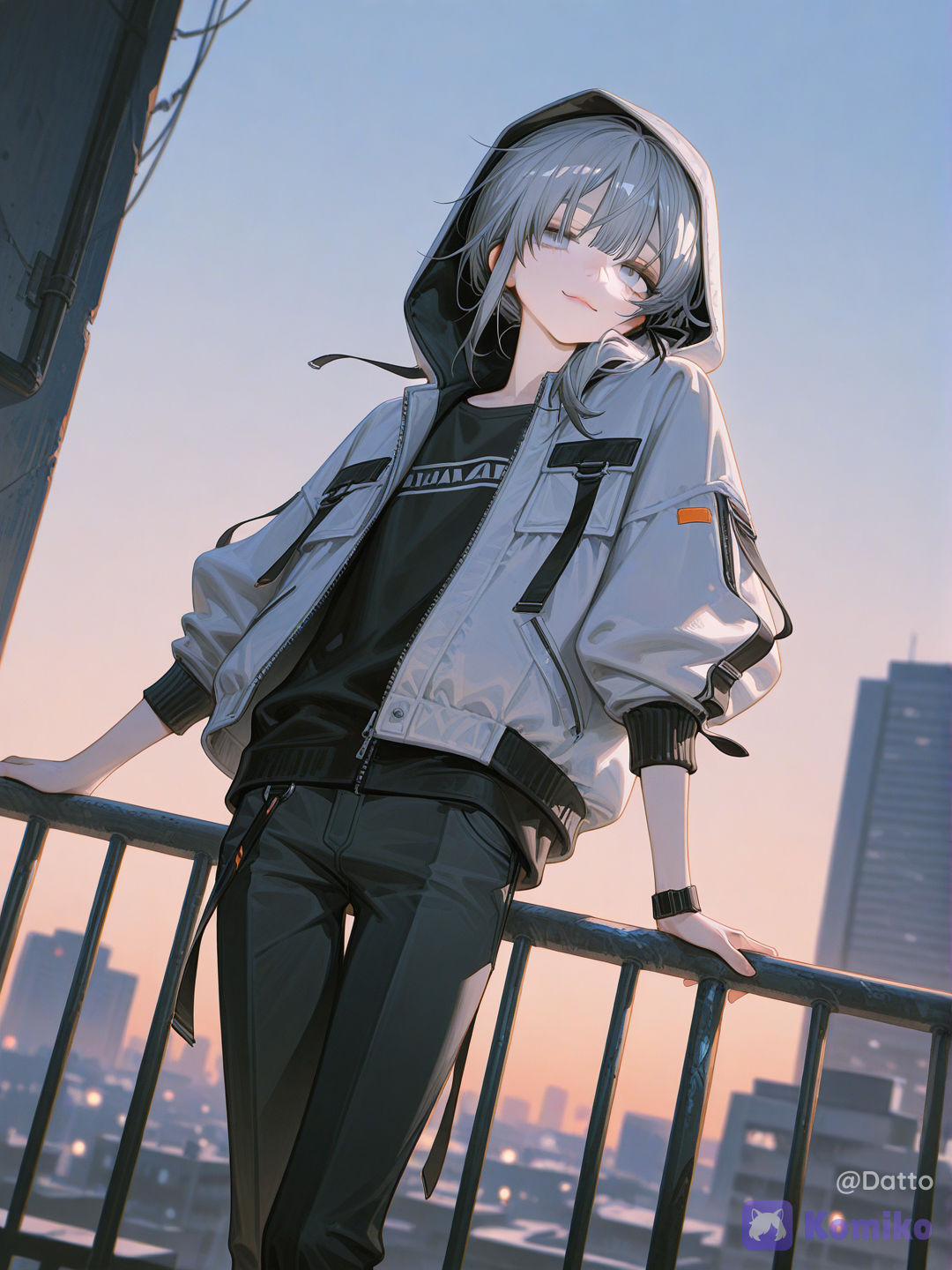 1boy, 18+, young adult, femboy, silver-gray messy hair, korean idol hairstyle, choppy uneven layers, long side bangs partially covering one eye, small side ponytail tied loosely near the back with a dark ribbon, loose strands lifting gently in the wind, pale blue-gray eyes catching the last light of dusk, slim delicate androgynous body, soft feminine asian facial features, pale fair skin, glossy black techwear jacket now unzipped and open at the front revealing a plain dark undershirt, hood pulled up loosely over his head with a few strands escaping at the front, sleeves pushed up past the wrist, standing at the edge of a quiet rooftop leaning both forearms against a low railing, upper body angled in a relaxed side profile facing slightly away from the viewer, head turned back just enough to glance over one shoulder, eyes not meeting the viewer but drifting toward the sky above, distant and unfocused, expression softened into quiet contemplation rather than composed detachment, faint ghost of a tired half smile rather than a neutral line, lips slightly parted as if caught mid-thought, wind lifting the loose ends of his jacket and hair, low angle view looking up at him from just below rooftop level, blurred city skyline glowing with scattered warm lights far below and behind him, deep dusk sky shifting from soft orange near the horizon into cool blue-violet above, a few faint stars beginning to show, sense of quiet solitary stillness above the noise of the city, calm melancholic aura, semi-realistic anime style, cinematic lighting, highly[high-gloss-illustration-style]