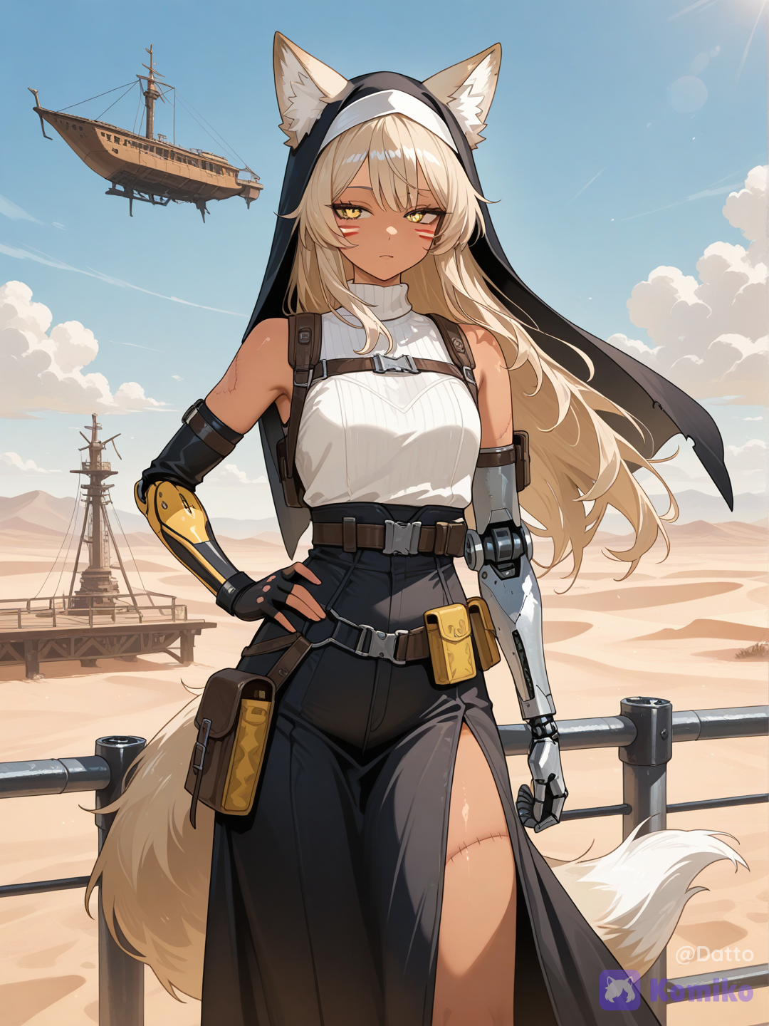 OC, 1girl, 18+, young adult, slender athletic figure, sun-weathered warm tan skin, fox ears large and expressive covered in short sandy tan fur fading to pale cream at the inner edges, long hair in a dusty sandy blonde with subtle reddish undertones, windswept and practically tied back, a fluffy fox tail with a distinct pure white tip caught mid-sway in the wind, faint dark tear-streak markings tracing from the inner corner of each eye down toward the cheek, sharp amber-yellow eyes narrowed slightly against the wind, scanning the horizon with calm watchful focus, small weathered scar near one eyebrow, left arm replaced below the shoulder with a crude patchwork mechanical prosthetic, mismatched salvaged metal plating held together with visible bolts and worn leather strapping, exposed wiring and a few dented panels, practical sleeveless desert survival gear, worn leather and canvas layers, fingerless glove on her one natural hand, small pouches and tools strapped to her belt, standing steady near the open railing of a patchwork airship deck, mechanical hand gripping the railing firmly while her natural hand rests loosely near her hip, weight settled evenly, unshaken by the wind, calm confident stance built from long habit rather than effort, a single patchwork airship built from salvaged modern materials, rusted corrugated steel panels welded and riveted together in mismatched sections, exposed pipework and old hydraulic cylinders running along the hull, a jury-rigged turbine engine mounted where a mast might once have been, mounted solar panels bolted crudely alongside older rusted machinery, thick cables and patched fuel lines snaking across the deck, faded stenciled markings and hand-painted patches covering old damage on the hull, no ornamentation, purely functional and battle-worn design, blending real salvaged industrial technology with a faintly speculative retrofuturistic edge, endless untouched desert plain stretching to the horizon far below, soft rolling dunes and open flat sand with no structures or ruins in sight, vast open blue sky above with scattered drifting clouds, warm daylight catching the rusted metal and worn leather alike, wind pulling at her hair, tail, and loose straps, sense of quiet resilience surviving far above a dead and empty world, semi-realistic anime style, cinematic lighting, highly