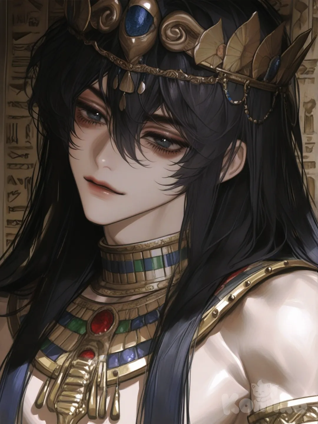 [semi-realistic-portrait-style], 1boy, portrait of an Egyptian Pharaoh, divine ruler, god-king, ultra-cinematic god rays lighting.

A powerful man in his prime, with a strong, angular face, broad shoulders, and a statuesque build. His skin has a deep, sun-bronzed tone, weathered by the desert and years of rule. He wears the iconic **Double Crown (Pschent)** of Upper and Lower Egypt, brilliantly with gold, red, and white stripes.

His eyes are lined with dramatic **kohl**, making his gaze intense, wise, and unwavering. He wears a **golden wesekh (broad collar)** of incredible intricacy, with rows of lapis lazuli, turquoise, and carnelian inlays. Matching **golden arm cuffs** adorn his biceps. Across his chest, he holds the royal insignias: the **crook** (heka) and the **flail** (nekhakha), both crafted from gold and blue faience.

He stands in a commanding pose within the innermost sanctum of his temple. A shaft of intense golden light ("god rays") breaks through a high slit in the stone, illuminating him against the deep shadows, as if chosen by the sun god Ra himself. The air is filled with dust motes. Hieroglyphs glow faintly on the walls behind him. Hyper-realistic textures of polished gold, precious stones, smooth skin, and rough-hewn stone. Extreme detail on the crown and jewelry, god-like aura, 8k resolution.