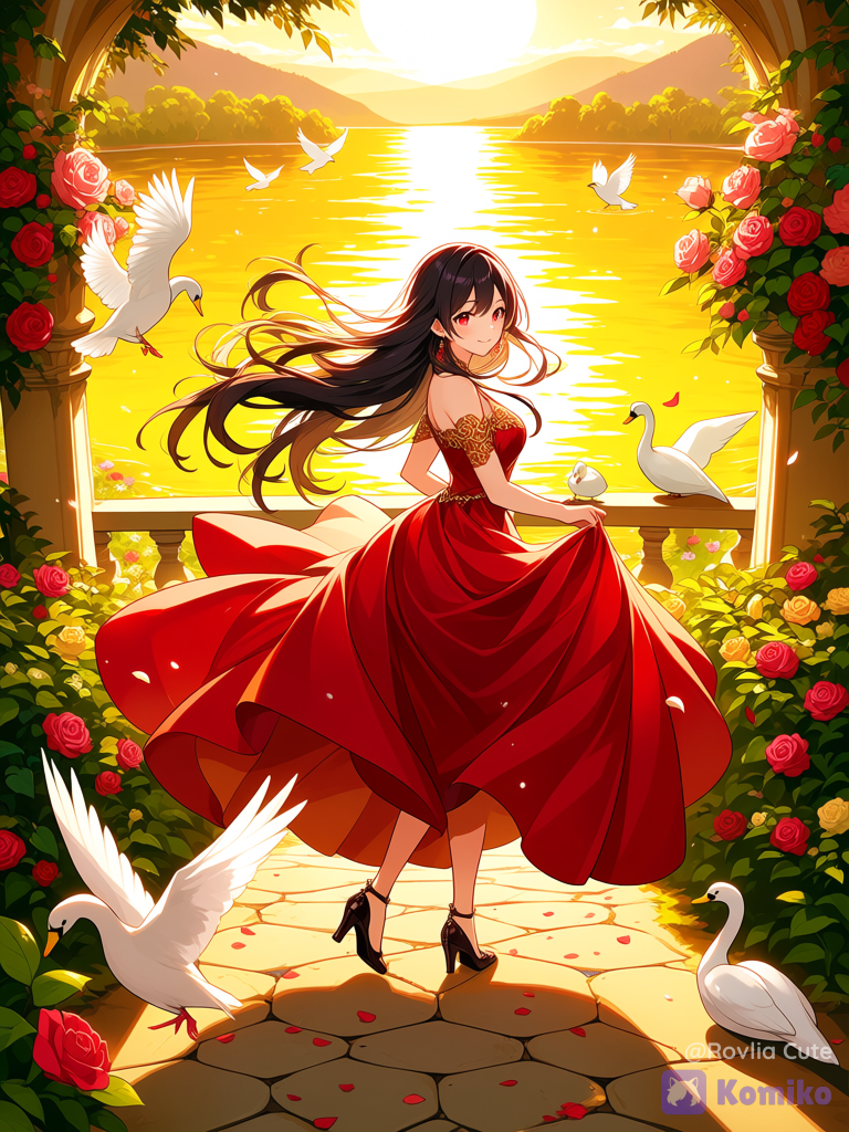 (ultra 8k, anime illustration, beautiful adult woman, full body, elegant and graceful figure, long silky black hair flowing beautifully in the gentle breeze, crimson red eyes, soft joyful smile, walking gracefully along the shore of a crystal-clear royal lake, wearing a luxurious flowing crimson royal gown with elegant layered fabric and subtle gold embroidery, delicate ruby jewelry, black elegant heels, surrounded by blooming royal rose gardens, countless colorful flowers, white swans peacefully swimming across the shimmering lake, white doves flying gracefully through the sky while several doves rest along the stone pathway, rose petals floating gently through the air, lush green trees and flowering branches swaying softly in the breeze, warm golden sunset illuminating the entire landscape, shimmering reflections dancing across the water, cinematic composition, wide-angle composition, depth of field, soft shadows, volumetric sunlight, expressive eyes, realistic fabric folds, dynamic flowing hair and dress, vibrant colors, dreamy fantasy atmosphere, highly royal garden background, majestic tranquil scenery)