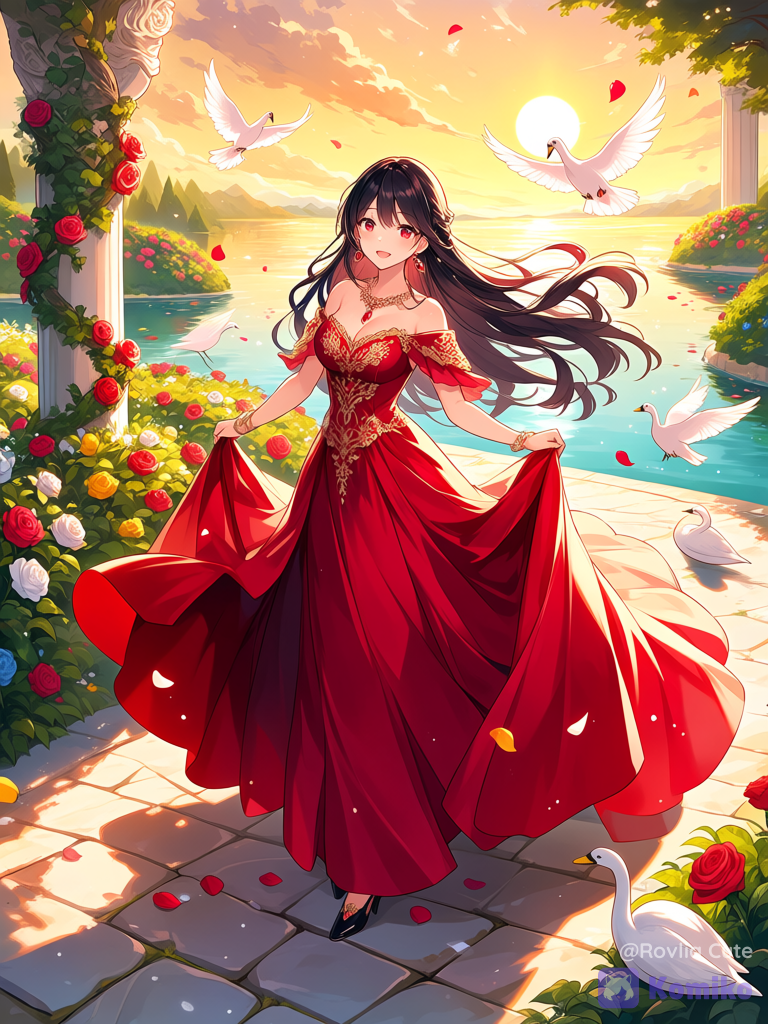 (ultra 8k, anime illustration, beautiful adult woman, full body, elegant and graceful figure, long silky black hair flowing beautifully in the gentle breeze, crimson red eyes, soft joyful smile, walking gracefully along the shore of a crystal-clear royal lake, wearing a luxurious flowing crimson royal gown with elegant layered fabric and subtle gold embroidery, delicate ruby jewelry, black elegant heels, surrounded by blooming royal rose gardens, countless colorful flowers, white swans peacefully swimming across the shimmering lake, white doves flying gracefully through the sky while several doves rest along the stone pathway, rose petals floating gently through the air, lush green trees and flowering branches swaying softly in the breeze, warm golden sunset illuminating the entire landscape, shimmering reflections dancing across the water, cinematic composition, wide-angle composition, depth of field, soft shadows, volumetric sunlight, expressive eyes, realistic fabric folds, dynamic flowing hair and dress, vibrant colors, dreamy fantasy atmosphere, highly royal garden background, majestic tranquil scenery)