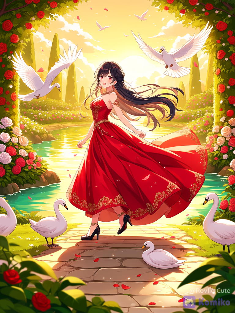 (ultra 8k, anime illustration, beautiful adult woman, full body, elegant and graceful figure, long silky black hair flowing beautifully in the gentle breeze, crimson red eyes, soft joyful smile, walking gracefully along the shore of a crystal-clear royal lake, wearing a luxurious flowing crimson royal gown with elegant layered fabric and subtle gold embroidery, delicate ruby jewelry, black elegant heels, surrounded by blooming royal rose gardens, countless colorful flowers, white swans peacefully swimming across the shimmering lake, white doves flying gracefully through the sky while several doves rest along the stone pathway, rose petals floating gently through the air, lush green trees and flowering branches swaying softly in the breeze, warm golden sunset illuminating the entire landscape, shimmering reflections dancing across the water, cinematic composition, wide-angle composition, depth of field, soft shadows, volumetric sunlight, expressive eyes, realistic fabric folds, dynamic flowing hair and dress, vibrant colors, dreamy fantasy atmosphere, highly royal garden background, majestic tranquil scenery)