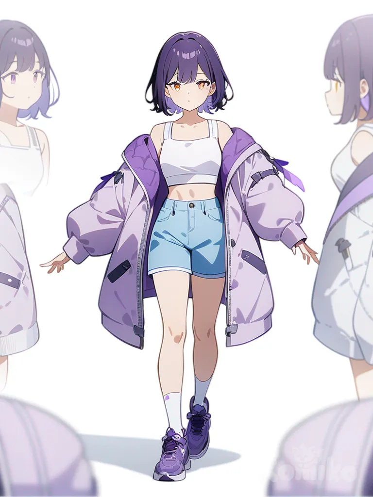 1girl, dark purple hair, orange-yellowish eyes, light purple coat, white crop top, light blue shorts, long white socks with purple stripes, purple shoes, single character, full body, looking at viewer, anime style, simple background, white background