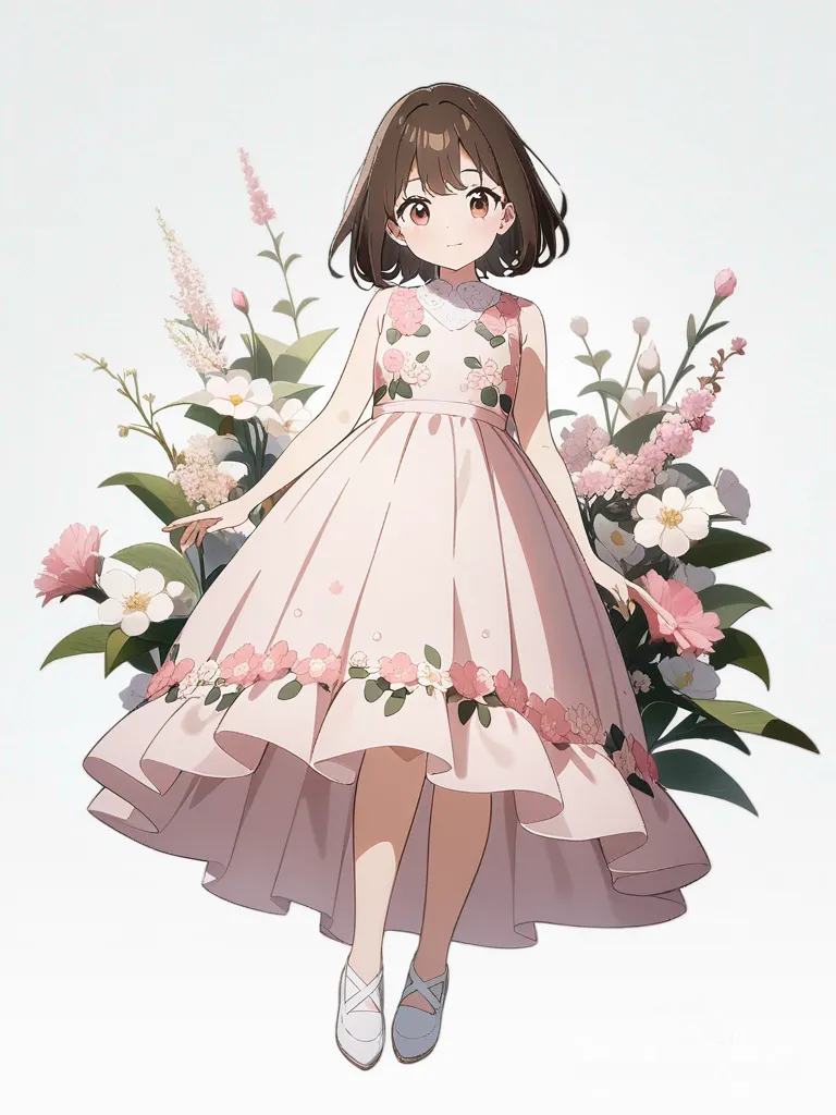 1girl, baby, brown hair, brown eyes, cute pink blossom dress, flower, blossom flower background, single character, full body, looking at viewer, anime style, simple background, white background
