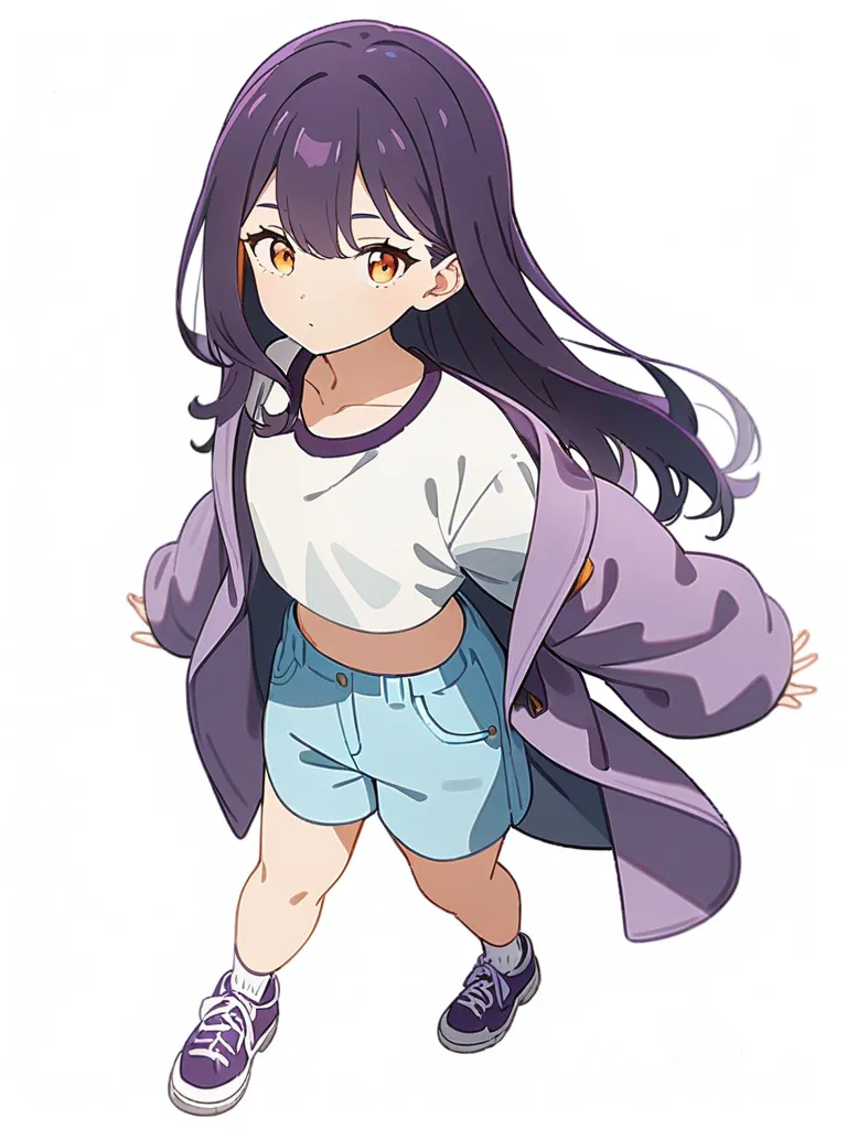 1girl, dark purple long hair, orange-yellowish eyes, light purple coat, white crop top, light blue shorts, long white socks with purple stripes, purple shoes, single character, full body, looking at viewer, anime style, simple background, white background