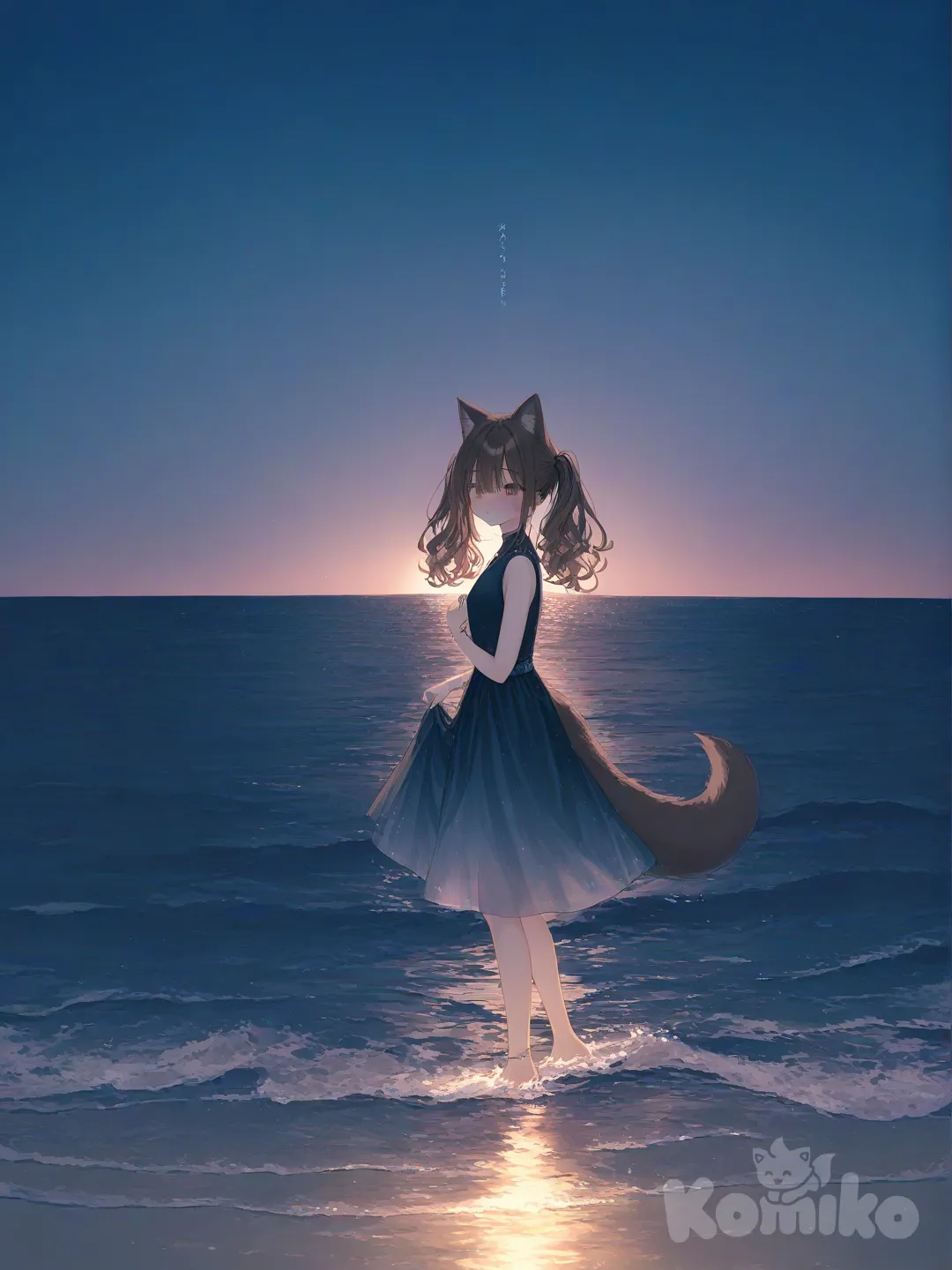 1girl, [soft-pastel-style], blush, Dark blue with light blue bottom evening dress, jewelry, diamonds, wolf ears, wolf tail, wolf girl, fluffy curls, twin tails, brown hair, brown eyes, looking at viewer, ocean, sunset