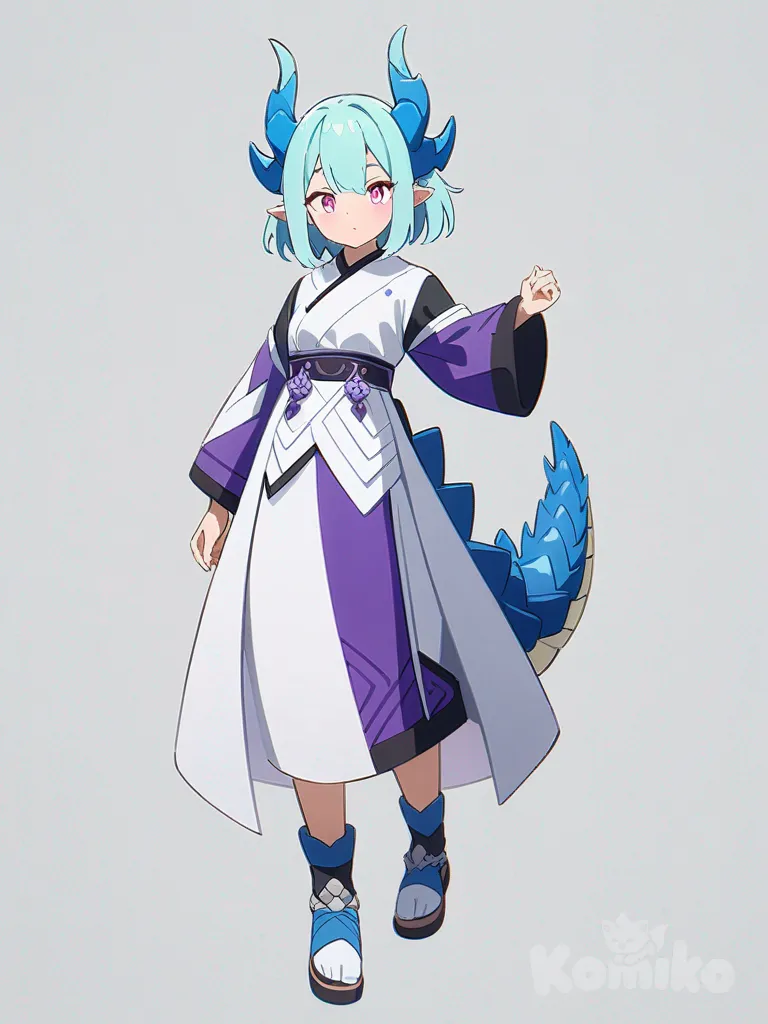 1girl, purple and blue twist dragon clothes, dragon horns, dragon tail, dragon girl, dragon baby boy, cyan hair, pink eyes, silver background, single character, full body, looking at viewer, anime style, simple background, white background