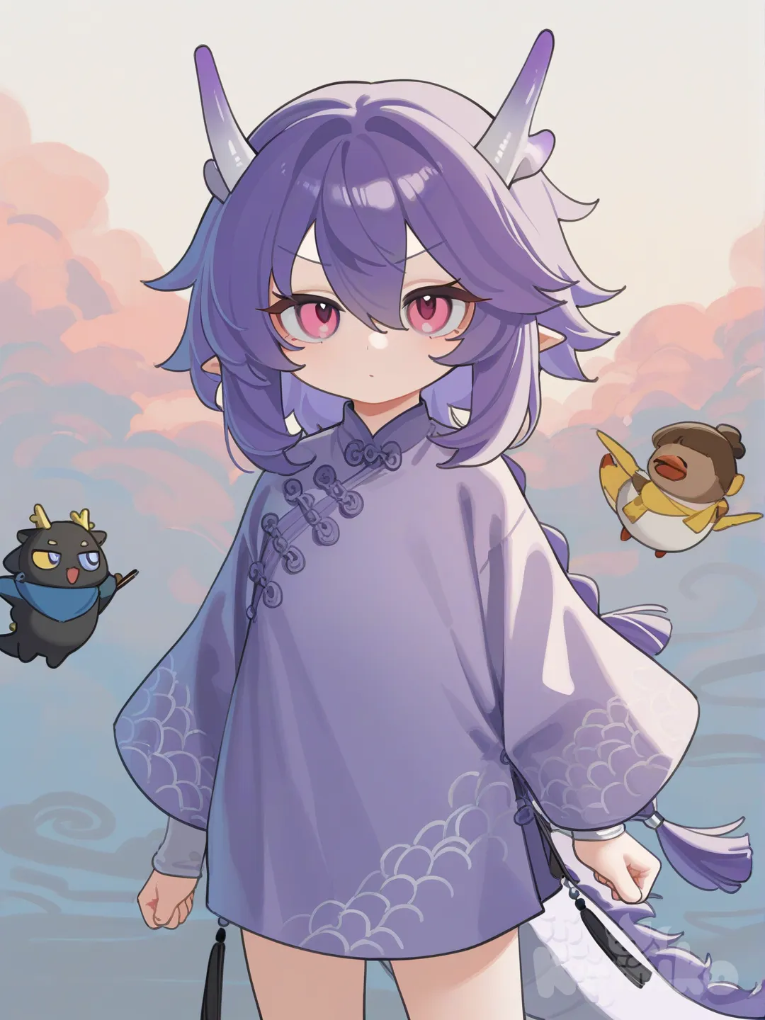 1girl, a purple and blue twist dragon clothes, dragon horns, dragon tail, dragon girl, dragon baby boy, cyan hair, pink eyes, cilver background