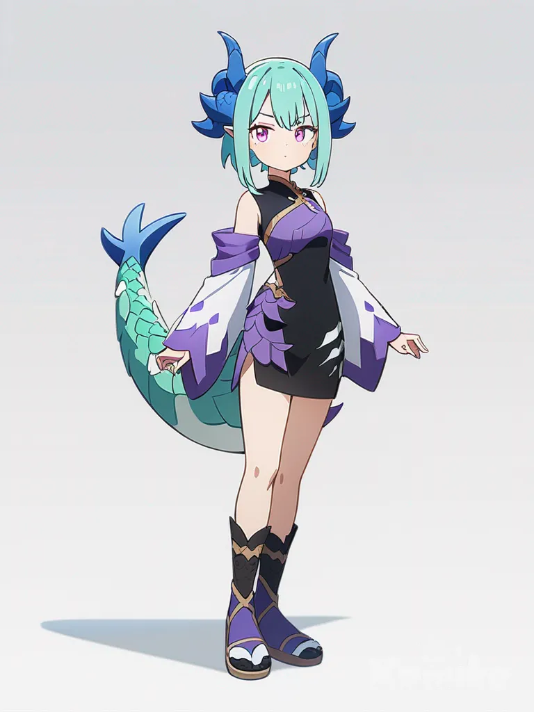 1girl, purple and blue twist dragon clothes, dragon horns, dragon tail, dragon girl, dragon baby boy, cyan hair, pink eyes, silver background, single character, full body, looking at viewer, anime style, simple background, white background