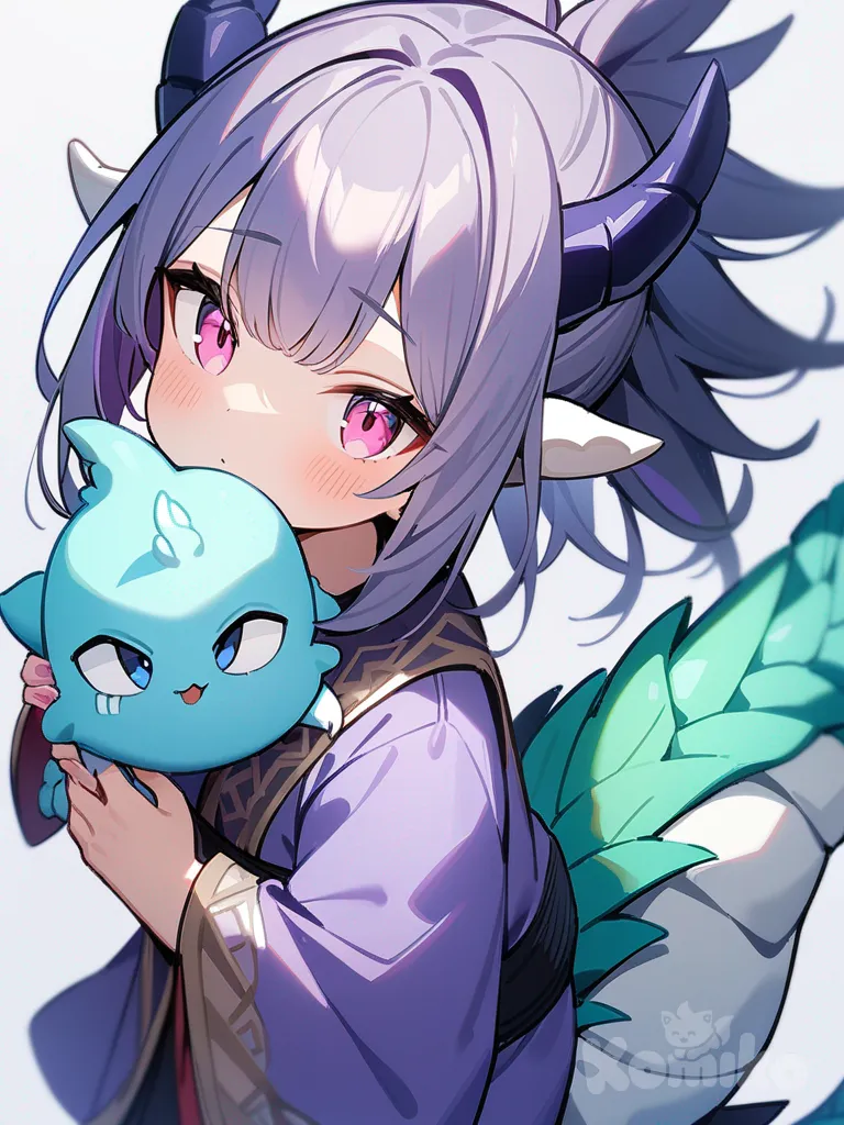 1girl, a purple and blue twist dragon clothes , dragon horns, dragon tail, dragon girl, dragon baby boy, cyan hair, pink eyes, cilver background