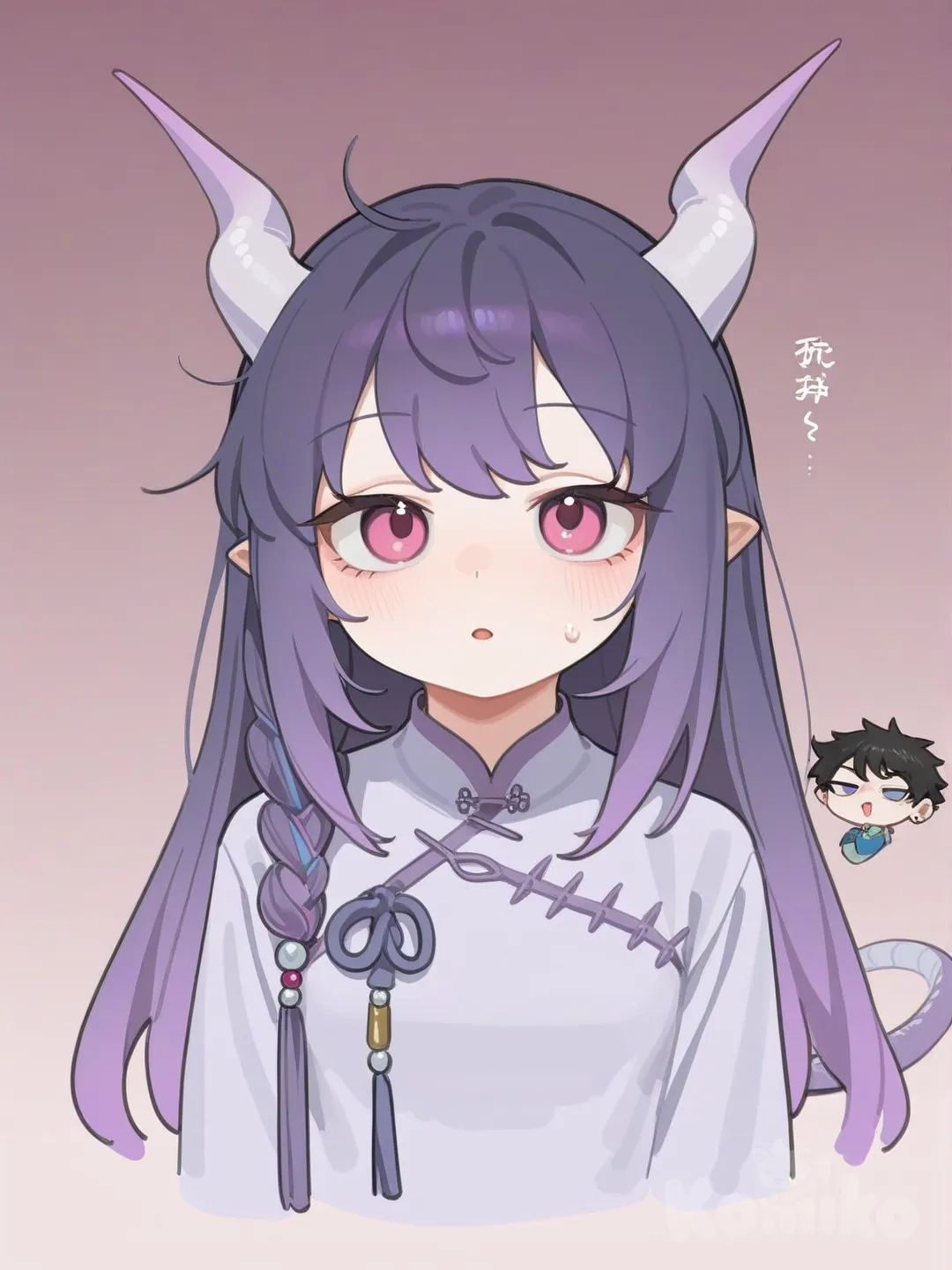 1girl, a purple and blue twist dragon clothes, dragon horns, dragon tail, dragon girl, dragon baby boy, cyan hair, pink eyes, cilver background
