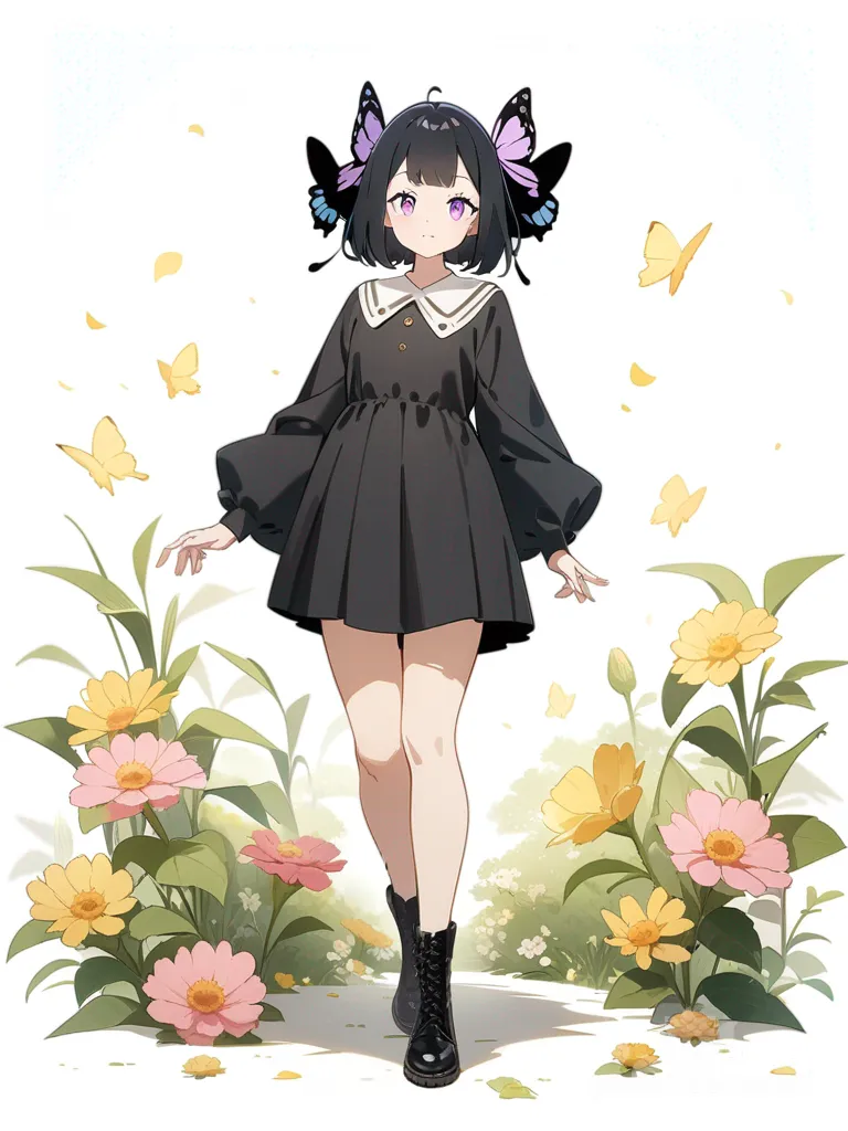 1girl, butterfly girl, flower background, single character, full body, looking at viewer, anime style, simple background, white background