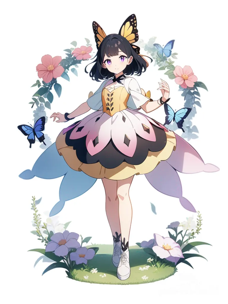 1girl, butterfly girl, flower background, single character, full body, looking at viewer, anime style, simple background, white background