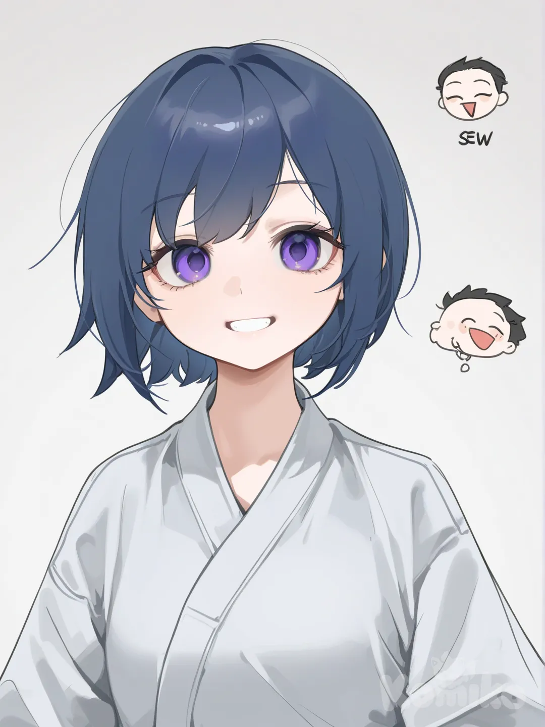 1girl, blue hair, blue eyes, purple eyes, 16 years old, short, no facial markings, standing next to cherry blossom tree, smiling, showing teeth in a karate kimo, upper body, looking at viewer, single character, simple background, white background
