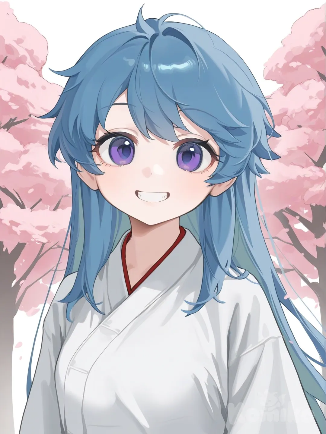 1girl, blue hair, blue eyes, purple eyes, 16 years old, short, no facial markings, standing next to cherry blossom tree, smiling, showing teeth in a karate kimo, upper body, looking at viewer, single character, simple background, white background