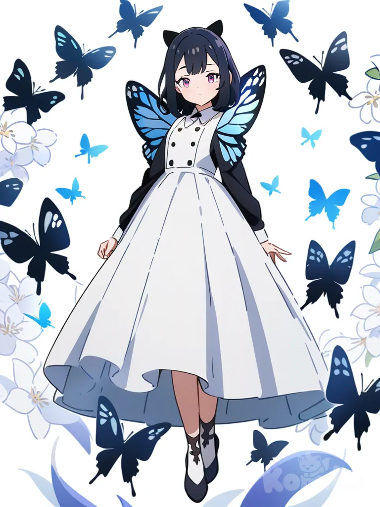 1girl, butterfly girl, flower background, single character, full body, looking at viewer, anime style, simple background, white background