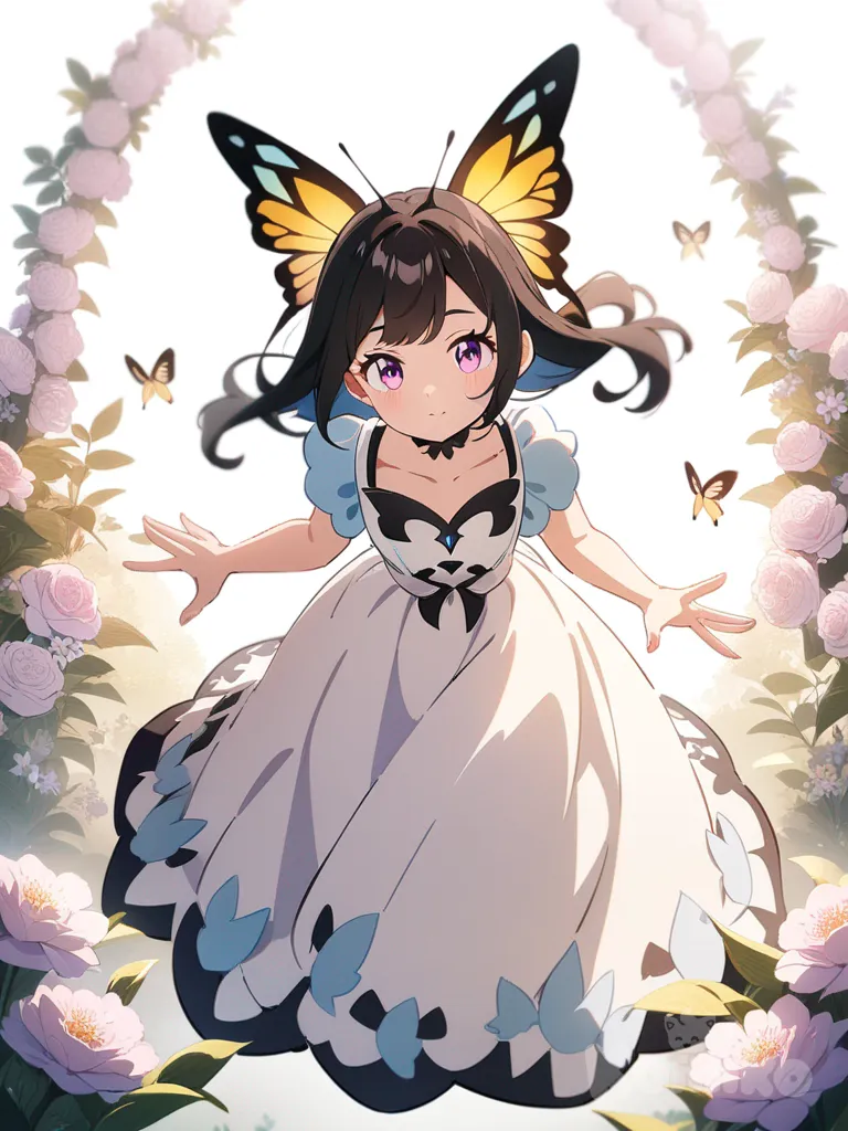 1girl, butterfly girl, flower background, single character, full body, looking at viewer, anime style, simple background, white background