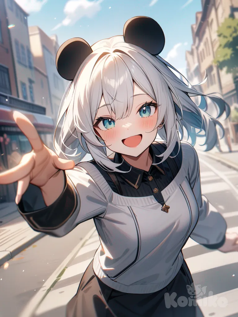 one girl, panda girl, white hair, teal eyes.and smiling