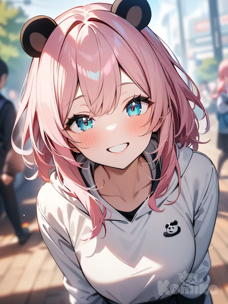 one girl, panda girl, pink hair, teal eyes.and smiling
