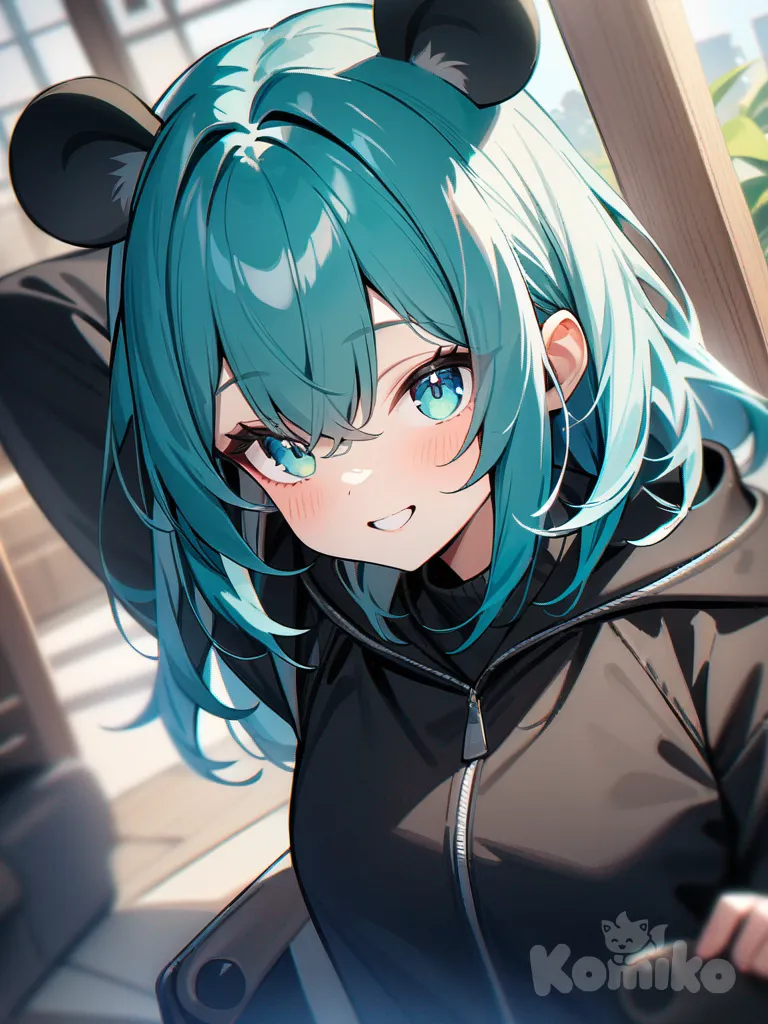 one girl, panda girl, teal hair, teal eyes.and smiling