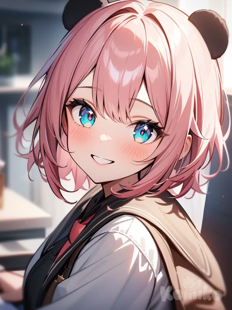 one girl, panda girl, pink hair, teal eyes.and smiling