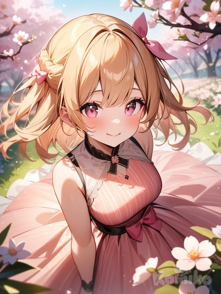 army girl, light orange hair, pink eyes, orange and pink color sparkle dress, smile, pink color bow in hair,and blossom flower background