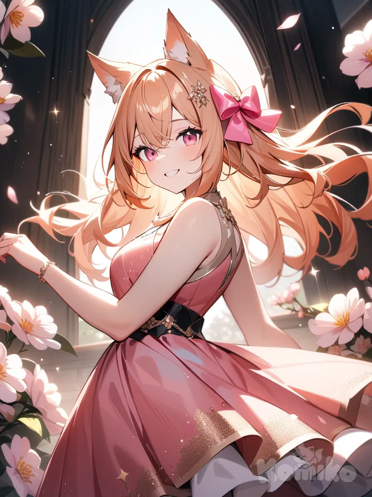 wolf girl, light orange hair, pink eyes, orange and pink color sparkle dress, smile, pink color bow in hair,and blossom flower background