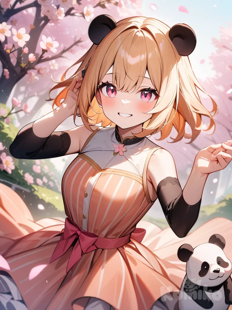 panda girl, light orange hair, pink eyes, orange and pink color sparkle dress, smile, pink color bow in hair,and blossom flower background