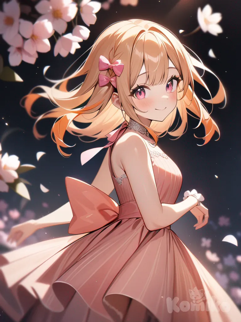a night girl, light orange hair, pink eyes, orange and pink color sparkle dress, smile, pink color bow in hair,and blossom flower background