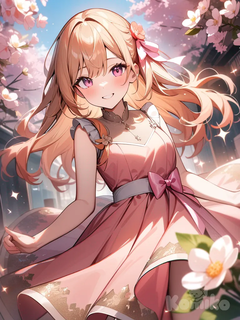 girl, light orange hair, pink eyes, orange and pink color sparkle dress, smile, pink color bow in hair,and blossom flower background