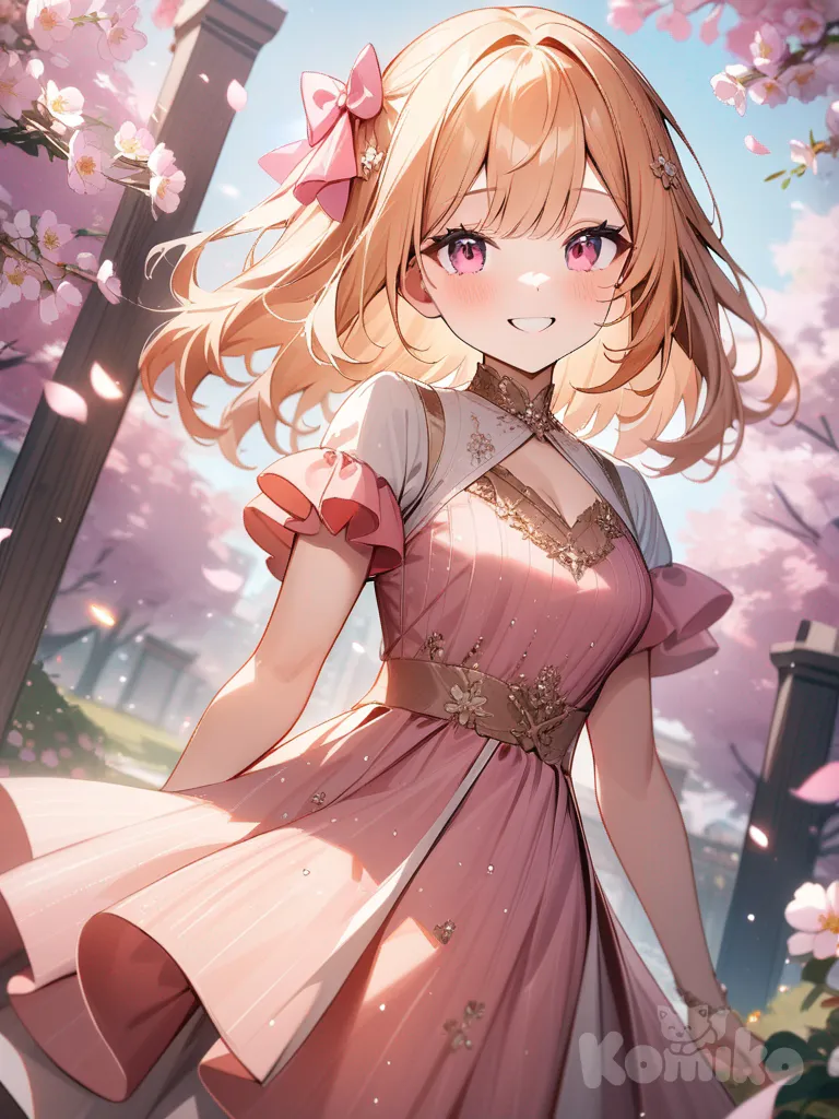 girl, light orange hair, pink eyes, orange and pink color sparkle dress, smile, pink color bow in hair,and blossom flower background