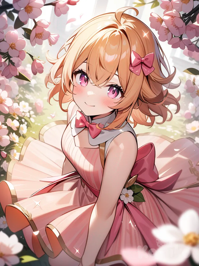 cupid girl, light orange hair, pink eyes, orange and pink color sparkle dress, smile, pink color bow in hair,and blossom flower background