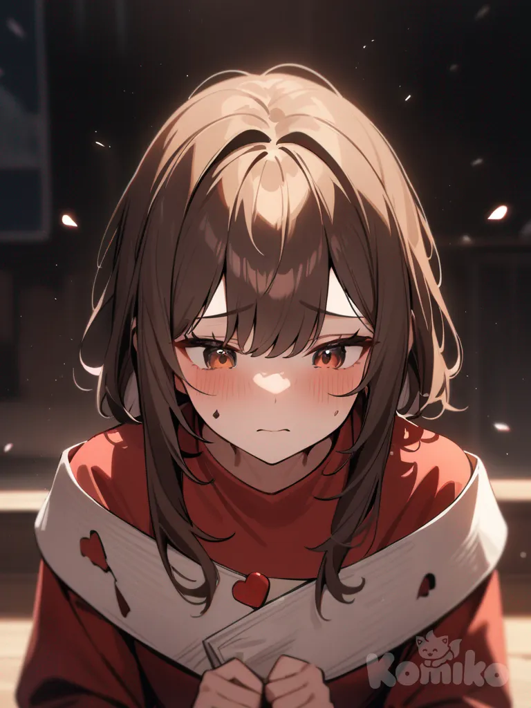 1girl,heart broken,sad, long brown hair, brown eyes, red long sleeve shirt