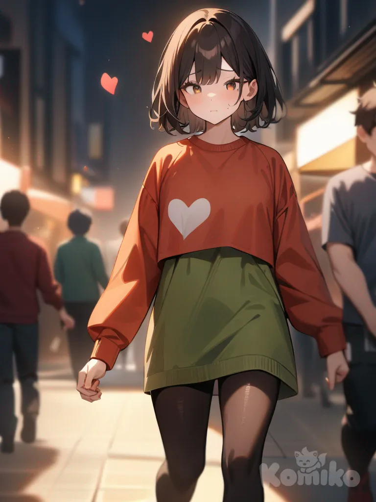 1boy, black hair,brown eyes,red sweat shirt, walking away from the girl,1girl, brown hair,brown eyes,long thin green long sleeve shirt, heart broken,2people