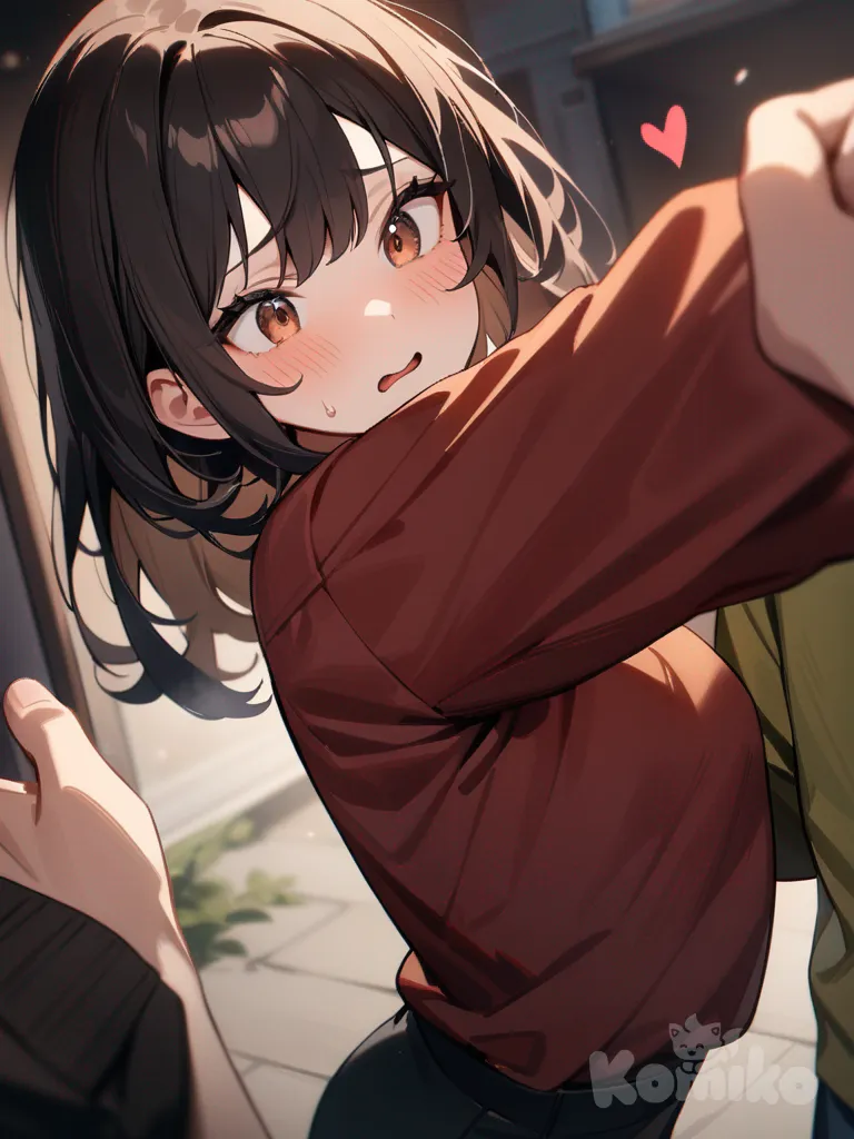 1boy, black hair,brown eyes,red sweat shirt, walking away from the girl,1girl, brown hair,brown eyes,long thin green long sleeve shirt, heart broken,2people