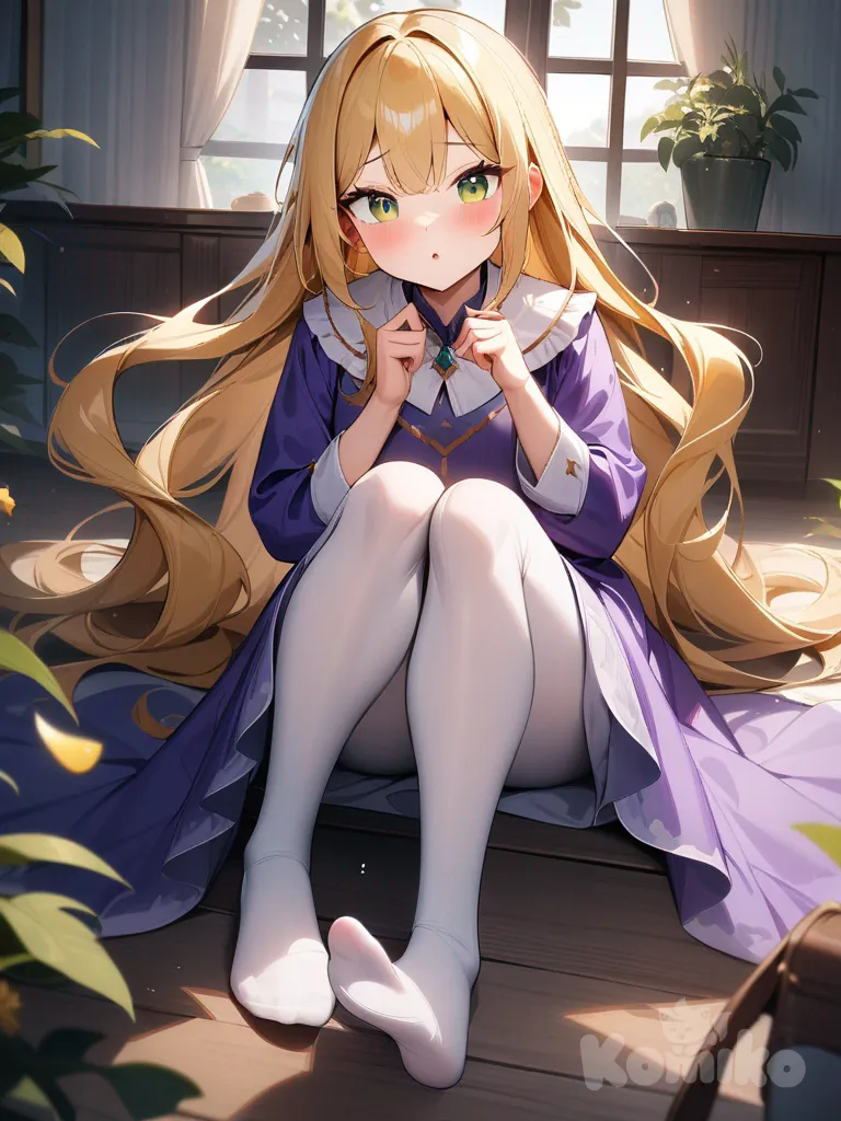 1girl,long long long yellow hair, green eyes, purple dress, no shoes, blush, freakles, full body, kissing prince charming
