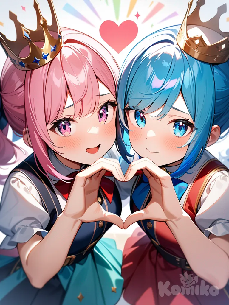 2 girls, colorful dresses,crowns, blue eyes, blue hair, pink hair, teal eyes, heart hands,and shine background